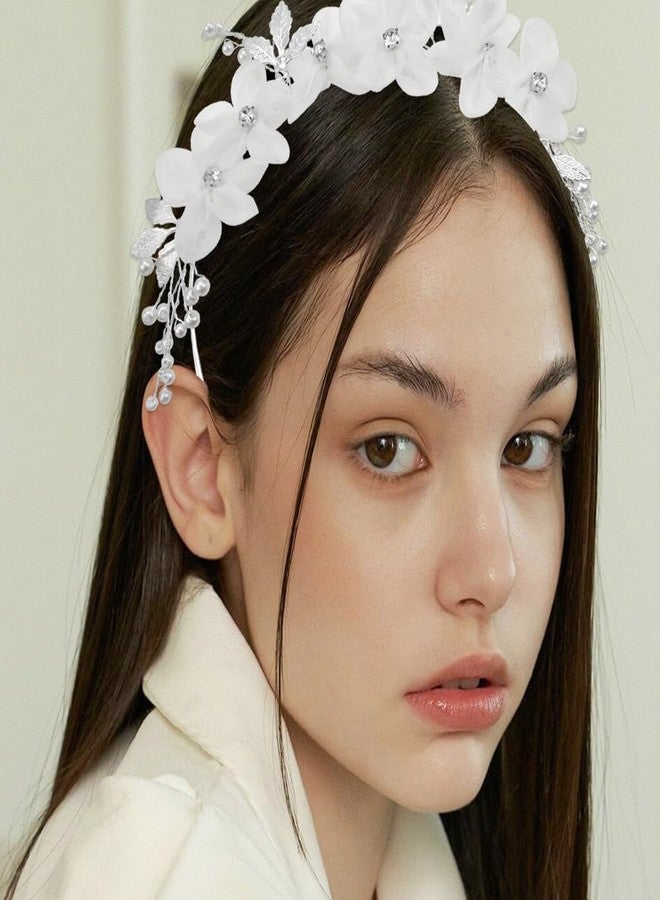 Capiant Tulle Flower Headband, Princess Pearl Hair Accessories, White Floral Wreath Hair Accessory for Birthday Party, Wedding Headbands - Image 5